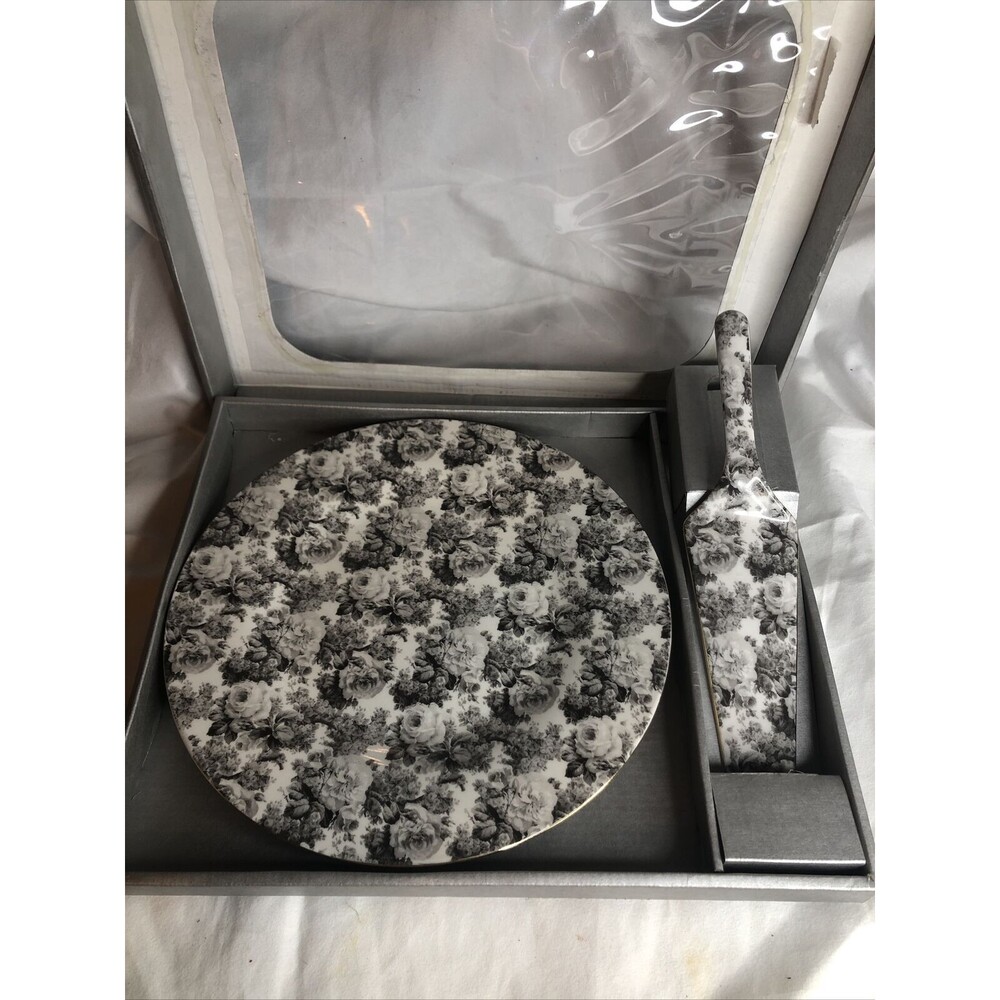 Formalities by Baum Bros Cake Plate & Server, White & Black Rose Print Gold Rim